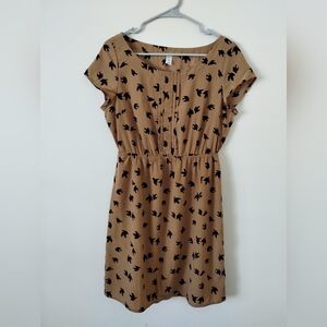Elegant Tan Dress with Black Bird Pattern